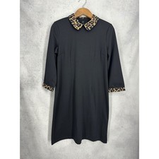 Talbots Refined Ponte Knit Black Leopard Collar 3/4 Sleeve Shift Dress Size 14