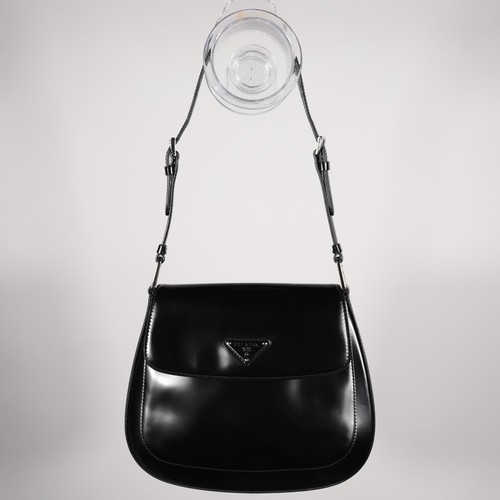 Prada Spazzolato Medium Cleo Flap Brushed Black Leather Shoulder Bag 1BD303