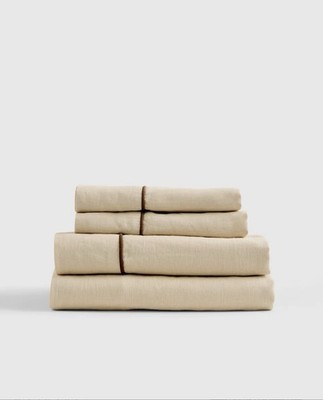 NWT Quince European Linen Piped Sheet Set Queen Size Oat/Espresso 4 Piece