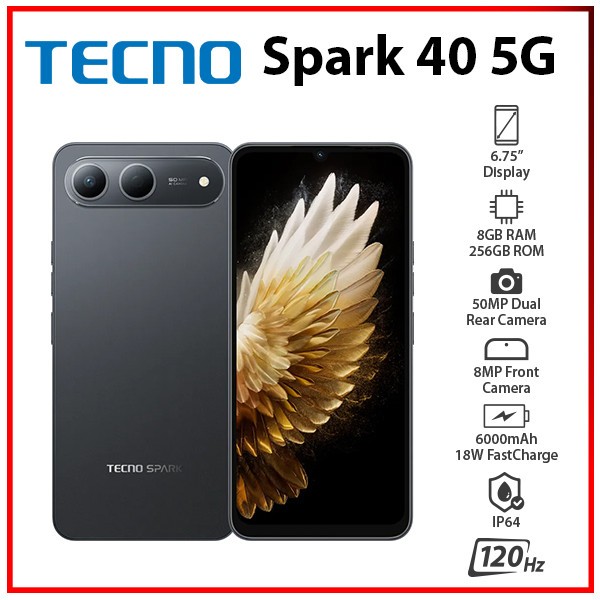 New) TECNO Spark 40 5G 8GB+256GB BLACK Dual SIM Unlocked Android