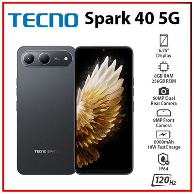 (New) TECNO Spark 40 5G 8GB+256GB BLACK Dual SIM Unlocked Android Cell Phone
