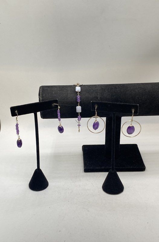 Sterling Silver 925 Amethyst Blue Lace Agate Jewelry Set 7" Bracelet Earrings