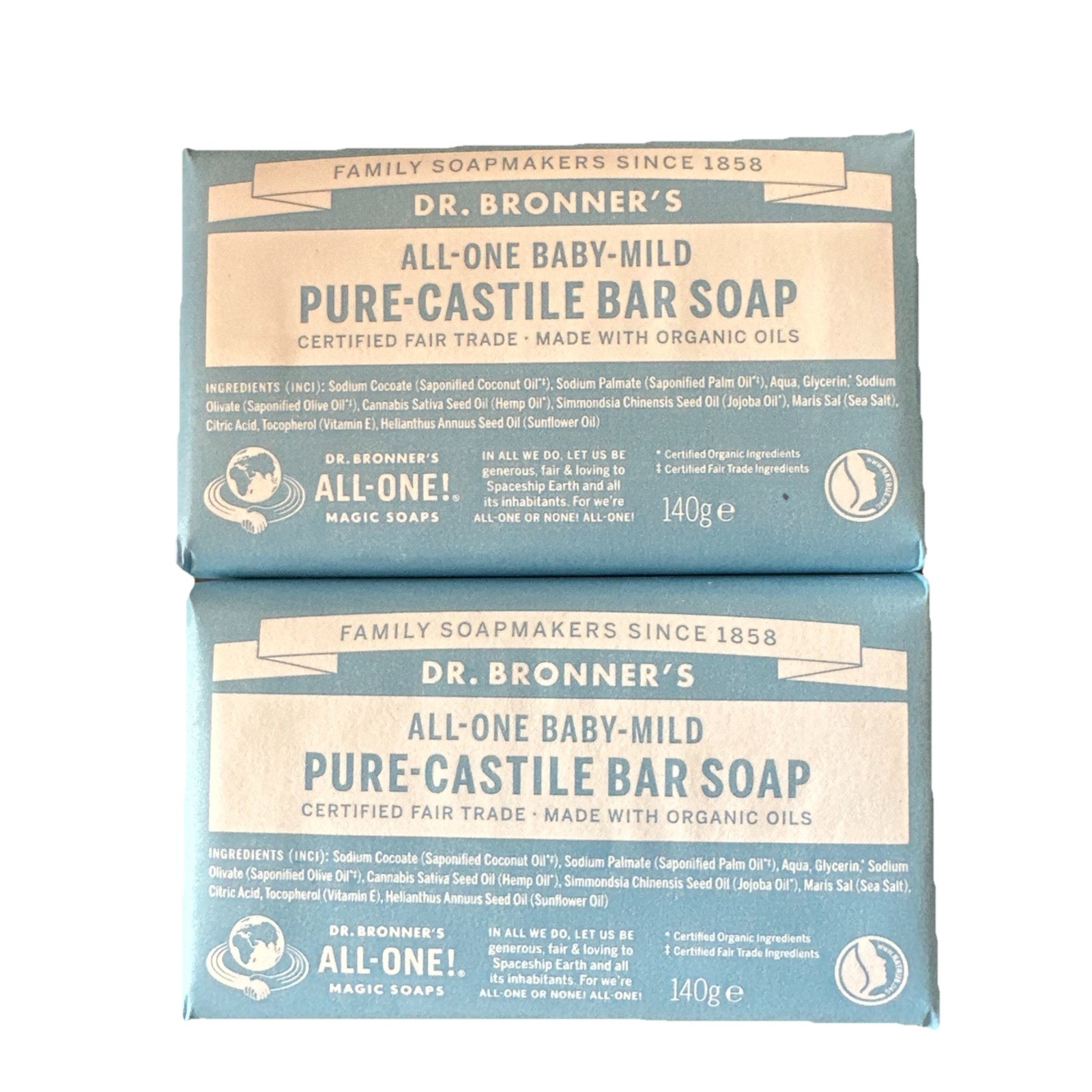 Dr Bronner Organic All-One Baby Mild Pure Castile Soap Bar 140g - 2 Pack