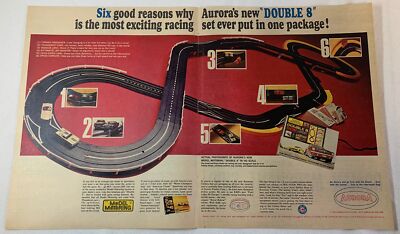 1965 two page Aurora ad ~ DOUBLE 8 RACING LAYOUT