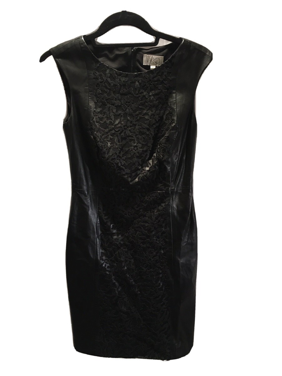 VAKKO BLACK LAMB LEATHER DRESS WITH LACE INSERT FRONT PANEL -SIZE 0