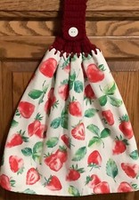 Double Hanging kitchen towel strawberries fruit leaves crocheted red top
