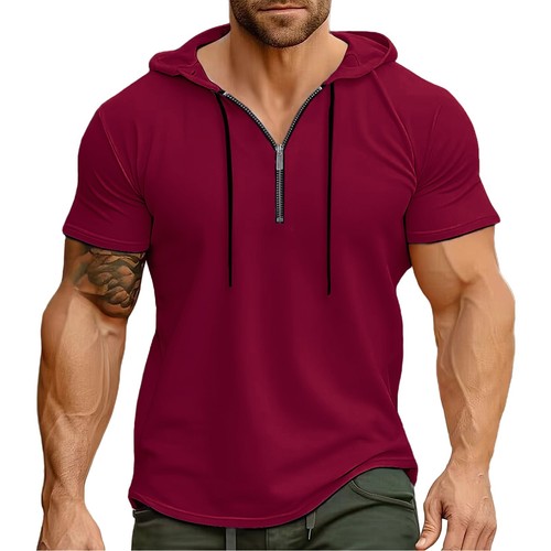 Men's Short Sleeve Hoodie T Shirts Zip Lightweight Sweatshirt Hoodies Pullover - Picture 9 of 54