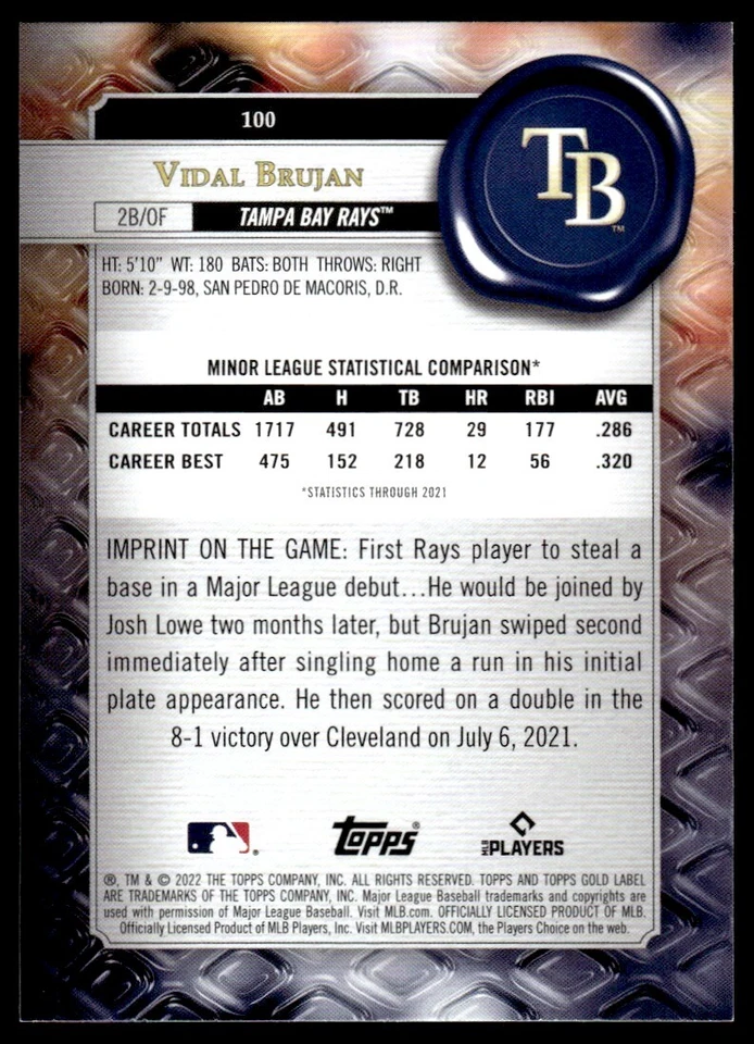 2022 TOPPS GOLD LABEL CLASS 1 Vidal Brujan Rookie Tampa Bay Rays #100 - Image 2 of 2