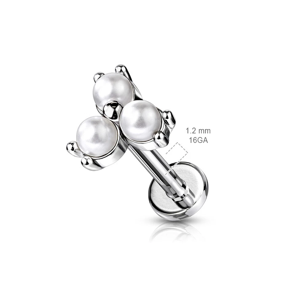 Pearl Prong Set Triangl Top Labret Conch Tragus Helix Ear Cartilage Studs 16G - Image 4 of 4
