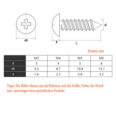Blechschrauben Aus Edelstahl A2/V2A – Flachkopf, Kreuzschlitz, M3 Bis M6, Rostfrei