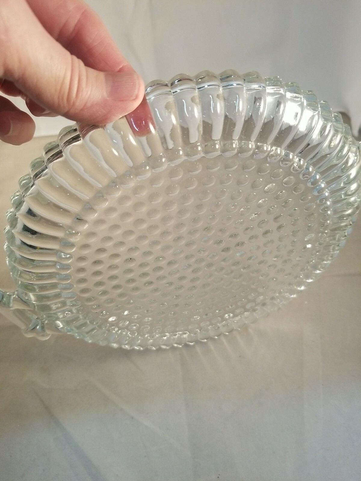 EUC Antique Vintage Jeanette Hobnail Clear Glass Round Plate with Handles 8" 