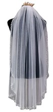 Bridal Veil Wedding Veil with Comb Cut Edge Fingertip 1 Tier Length Beaded Cr...