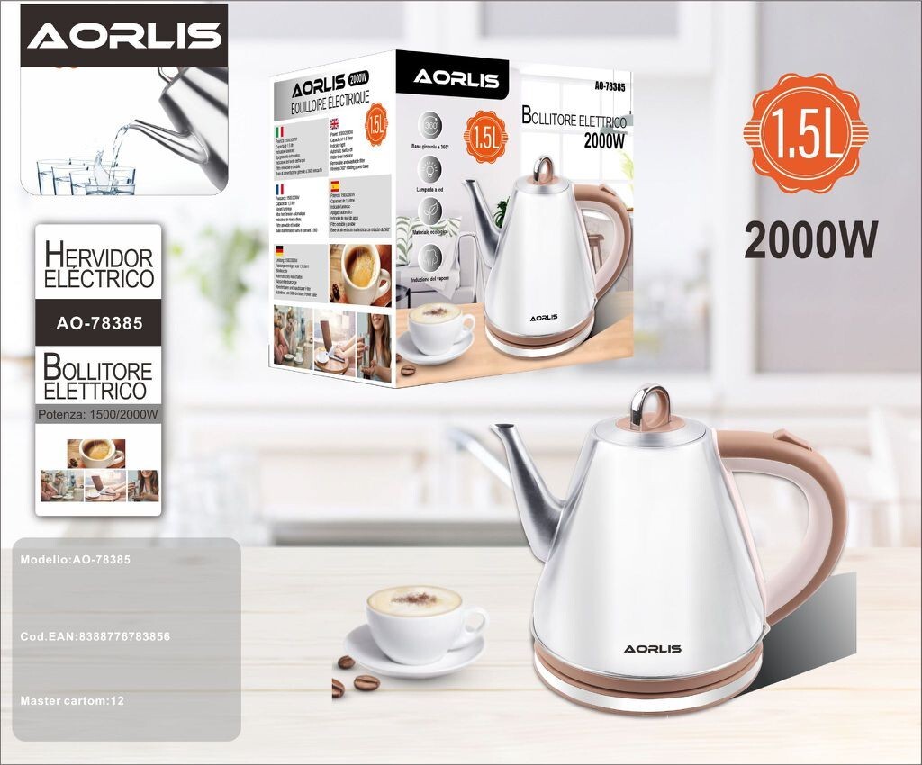 Bollitore Elettrico Aorlis AO-78385 - 1.5L 2000W Design Retro Spegnimento Auto