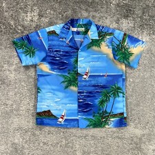 Vintage Shoreline Hawaiian Shirt Mens XL Blue Sailboat Scenic Print 80s USA Made
