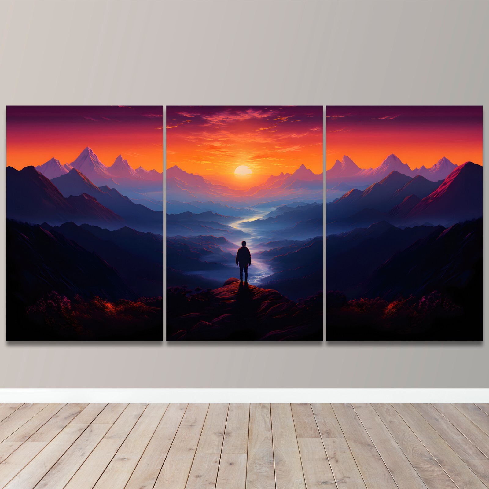 Mountain Sunset Nature Sky Valley Night 3 Piece Canvas Wall Art Print Home Decor