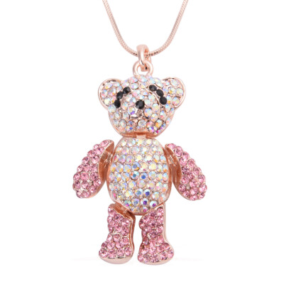 Multi Color Austrian Crystal Teddy Bear Earrings & Pendant 24'' in RG SSteel