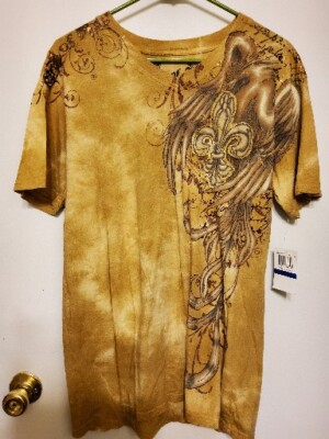 Ring of Fire Khaki Cloud Color Fleur Phoenix V Neck Short Sleeve T Shirt Sz XL