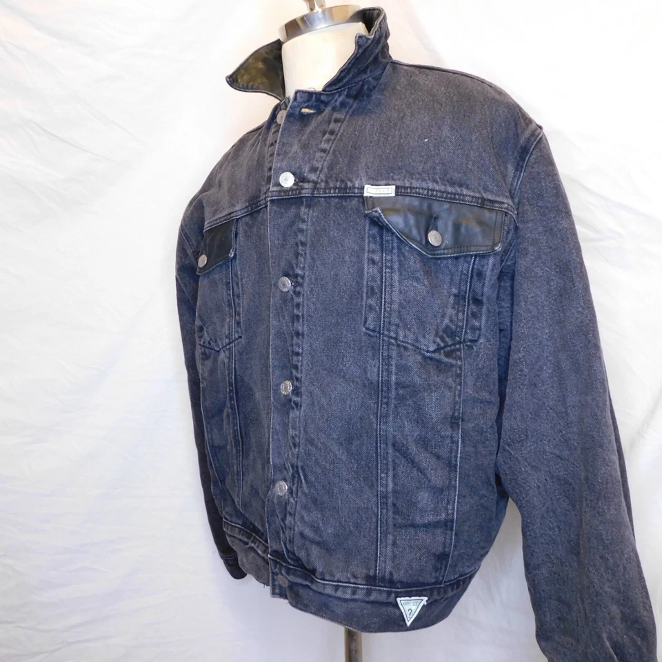 Vtg Guess Mens Sz L Marciano Classic Style Black Denim Trucker Jacket Leather - Image 2 of 4