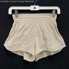 Wmns LULULEMON Solid Beige Tan Hotty Hot II Athletic Lined Running Shorts Sz 2