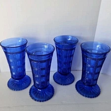 4 Vintage Imperial Glass Cobalt Blue Juice Parfait Glasses  Beaded Block Pattern