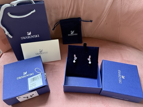 Swarovski Pearl Crystal Earrings Drop Silver Tone With Packaging