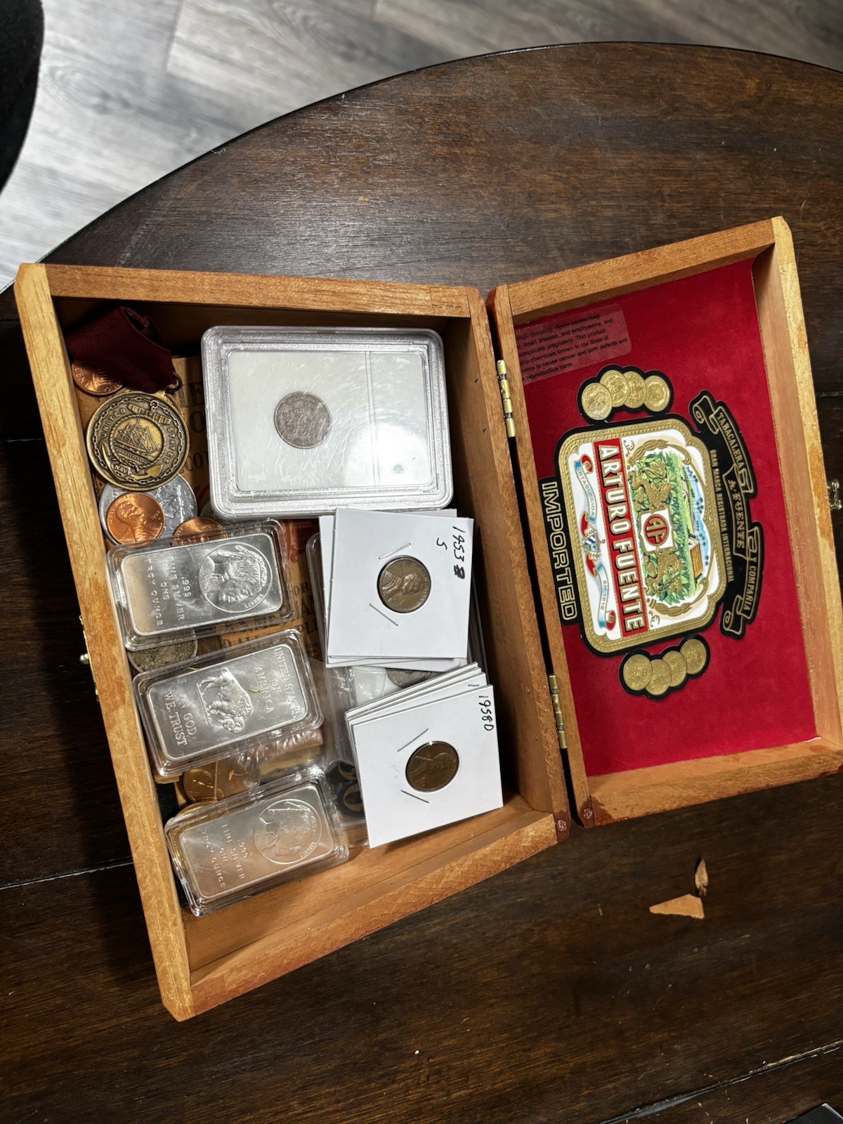 Hemingway Work Of Art Cigar Box Loaded with Coins, Silver Certificates Misc