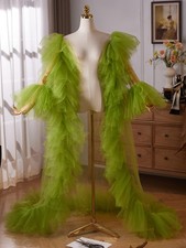 Wedding Cape Ruffles tulle Train Long Brides Wrap Green women Party Prom Cloak