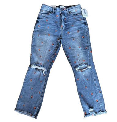 True Craft High-Rise Slim Crop Jeans Distress W/Embroidered Red Roses Sz 13R NWT