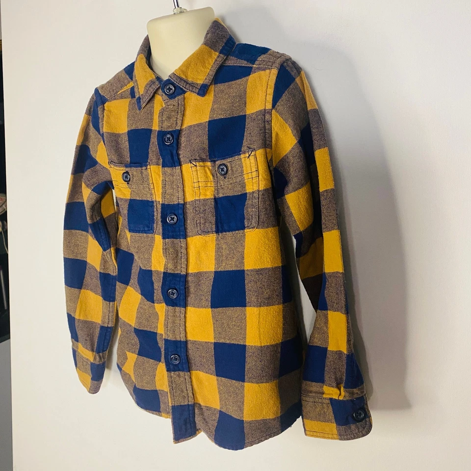 Childrens Place Boys Flannel Daddy Button Sz 5/6 Blue Yellow Navy Pearwood Plaid - Image 2 of 3