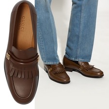GUCCI SHOES MENS MIRRORED G FRINGED DETAIL BROWN LOAFERS $980 sz 10 US 10.5