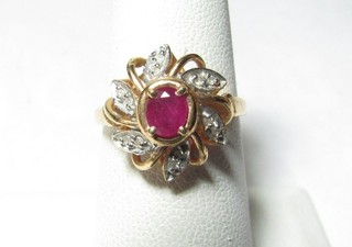 SOLID 14K GOLD RING W/ RED NATURAL RUBIES & DIAMONDS