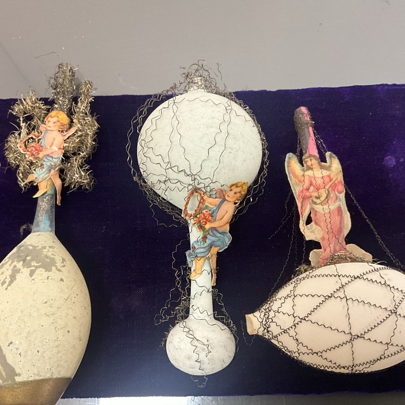 Antique 3  hand blown Glass Wire-wrap Feather Tree CHRISTMAS  ornaments