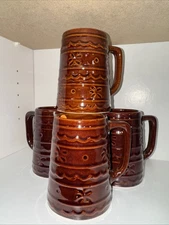Set Of 5  Pottery Mug USA Marcrest Brown Stoneware Daisy & Dot  1950 used Excell