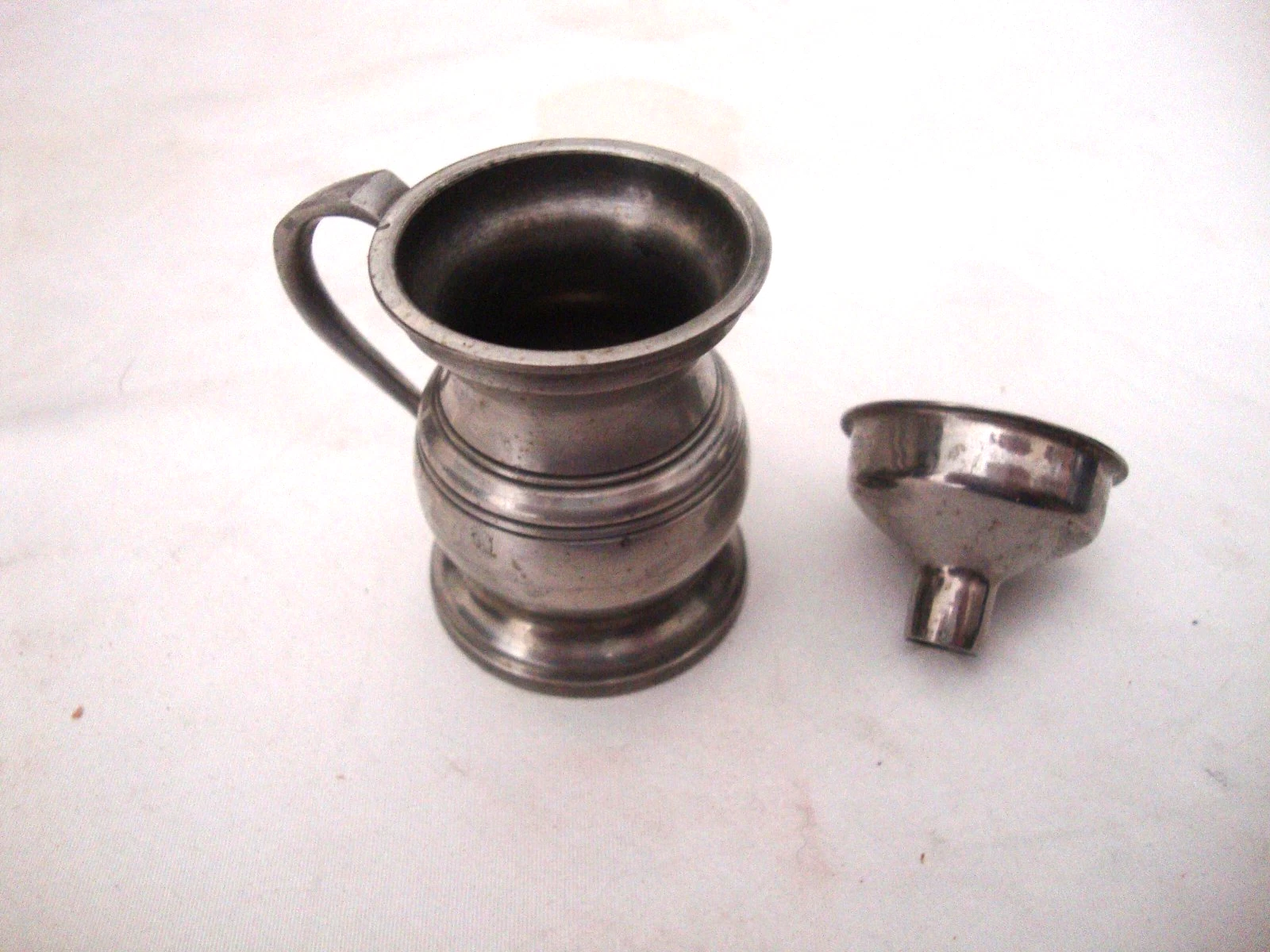 Antique English Pewter "Gill" Measuring Cup + Stainless Steel Funnel