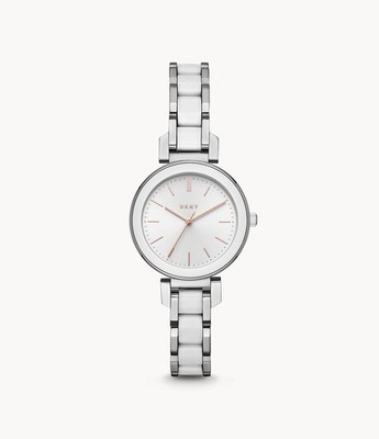 $175 NWT NY2588 DKNY womens Ellington steel ceramic watch white silver rose gold
