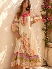 Farm Rio Floral Boho Maxi Dress Cottagecore Vacation Statement Peasant S