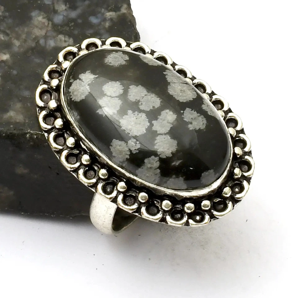 Schneeflocke Obsidian Edelstein ethnischer handgefertigter Ring Schmuck Geschenk US-Größe 9 AR 33266