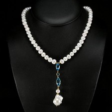 ECHTE AAA WEISSE PERLE & SCHWEIZER BLAUTOPAS STERLINGSILBER HALSKETTE 18 ZOLL