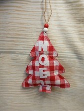 New "Noel" Christmas Tree Ornament White Red Buffalo Check Plaid Fabric Gingham