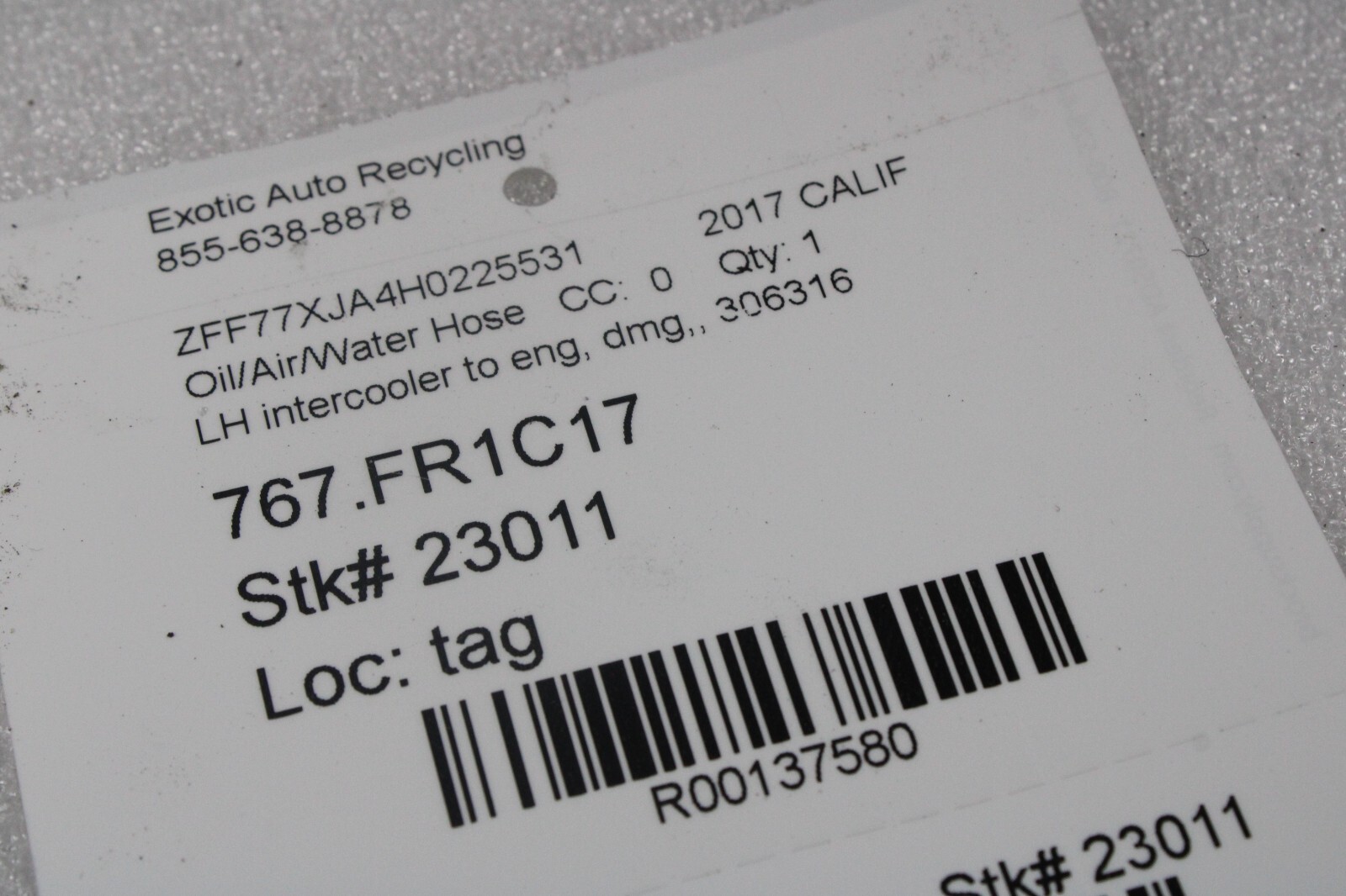Ferrari California T, LH, Left, Pipe to Intercooler, Dmg, Used, P/N 306316