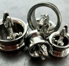 PAIR T-Rex Steel Screw Fit Tunnels Plugs Gauges Tyrannosaurus Rex Dinosaur