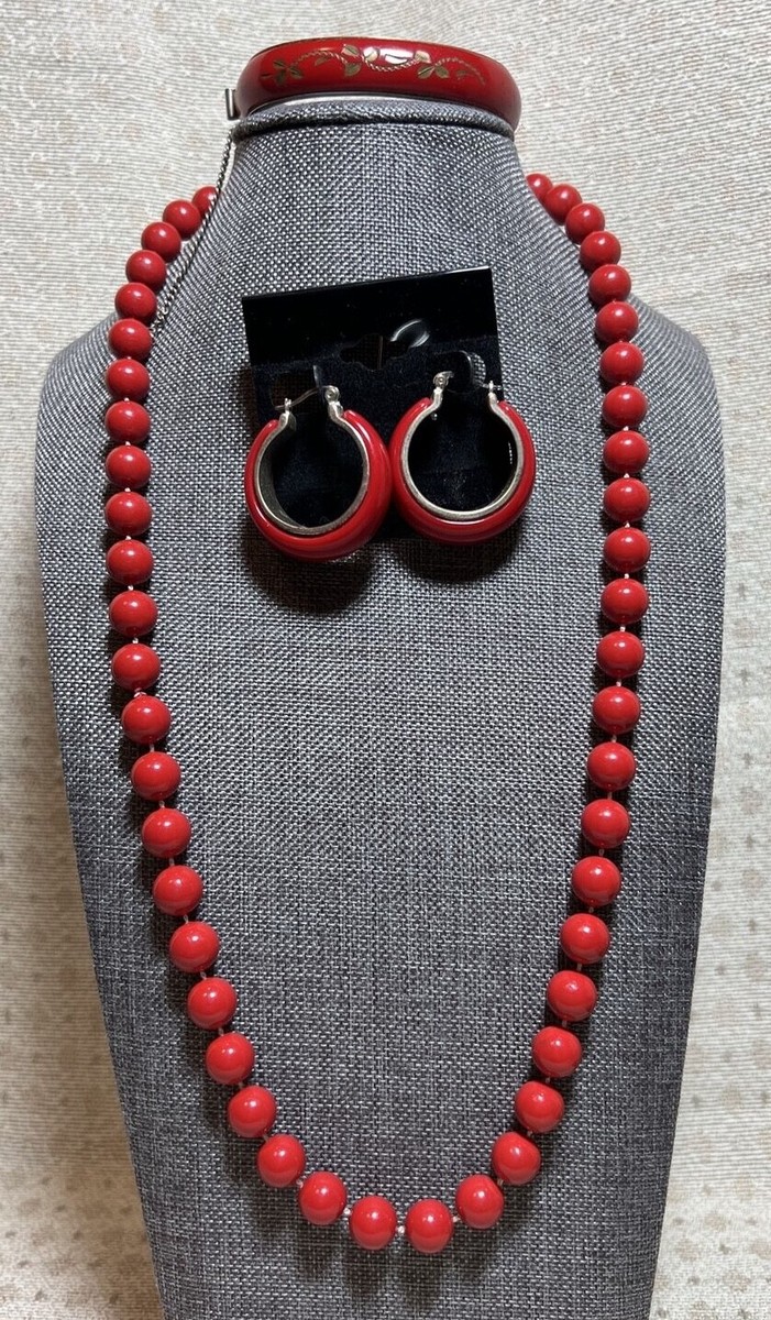 Vintage Mod Red White Necklaces Bracelets Pierced Earrings Sets Jewelry Lot  View 5