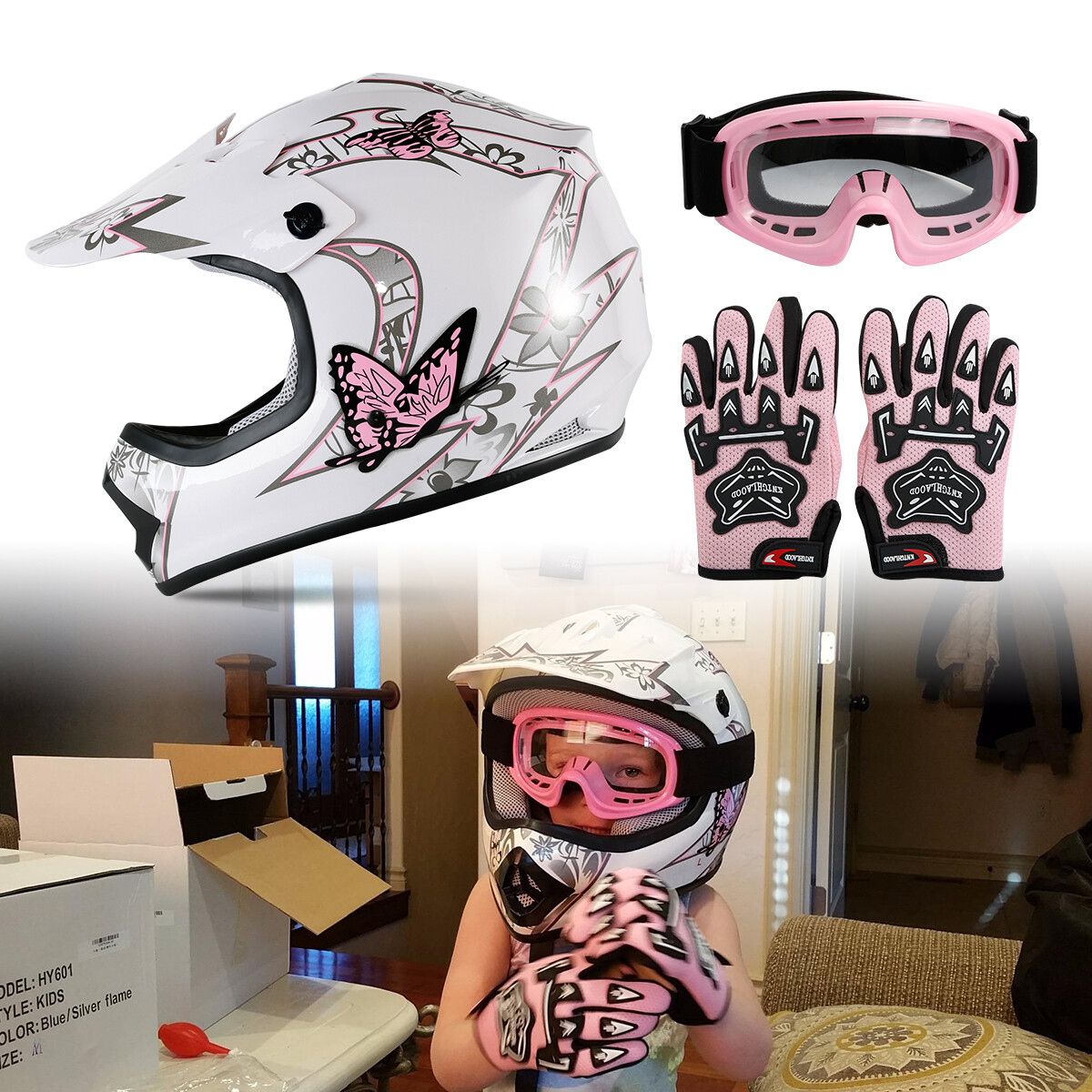Pink DOT Youth Butterfly Dirt Bike Motocross Motorcycle Helmet