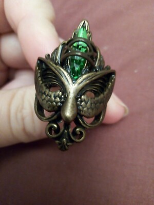 Bronze Mask Ring With Green Crystal Marquise Cut Embellishment And Size U
