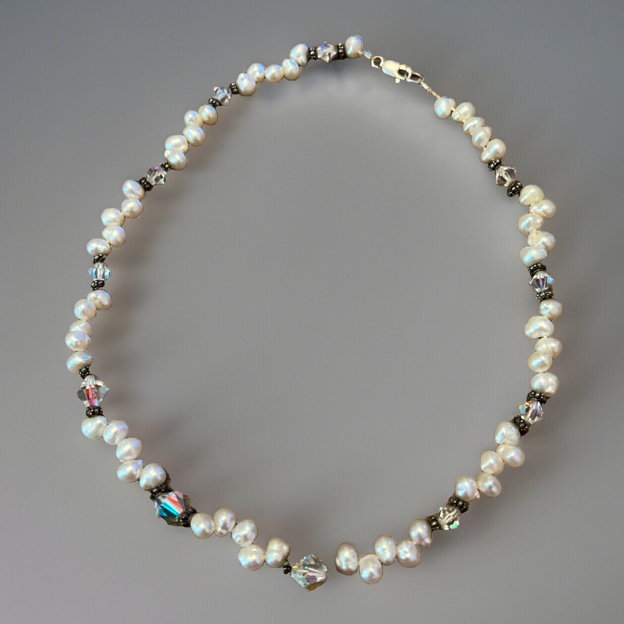 Freshwater Pearl  Swarovski Crystal Necklace 15” 925 Clasp Girls Women Sparkle