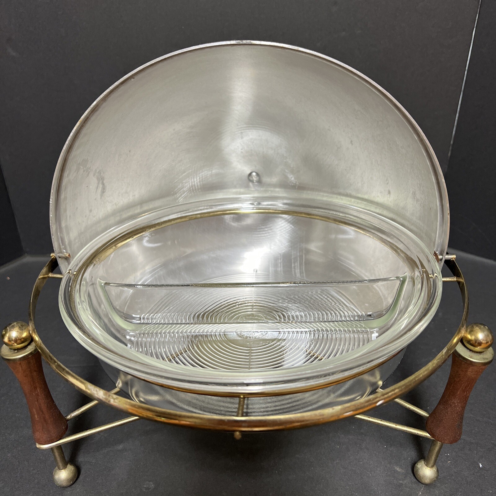 VTG MCM Gold Pyrex Divided Dome Chafing Dish Tripod Leg Wood UFO SPACE