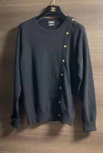 CHANEL Cashmere Sweater Coco Mark Embroidery Coco Button Size L Black - Picture 1 of 7