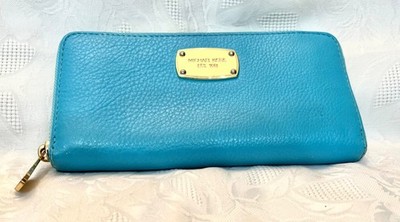 Michael Kors Turquoise Zip-Around Women's Wallet with Gold Logo Plate, Pre Owned