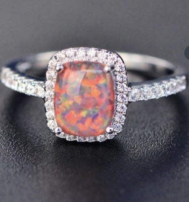 Beautiful Orange Fire Opal CZ Halo Square Ring Size 11