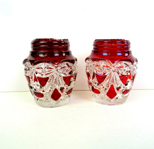 Riverside Glass Works EAPG Victoria Ruby Stained 2 Antique 2 1/2" Shakers 1895-